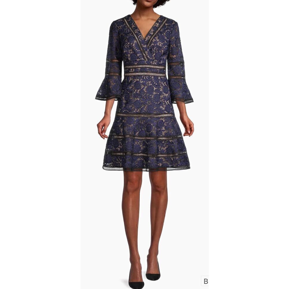 Shani Floral Jacquard Lattice Trim Fit & Flare Midi-Dress in Black/Blue NWOT Siz
